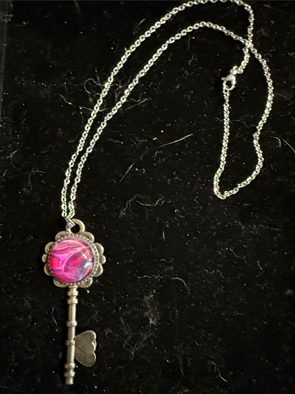 Vintage-Inspired Silver Key Necklace with Pink Glass Cabochon